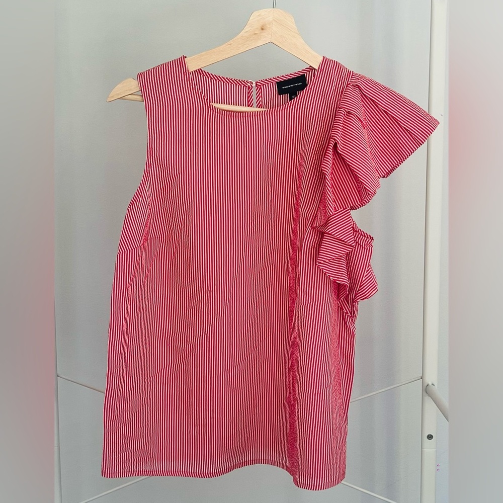 Who What Wear Red Striped Ruffle Sleeve Top